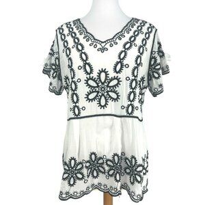 Kindred Anthropologie Blouse Women White Embroidered Floral Peasant Boho Top 1X